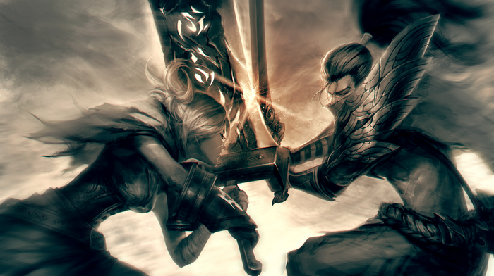 Riven and Yasuo from League of Legends clashing swords