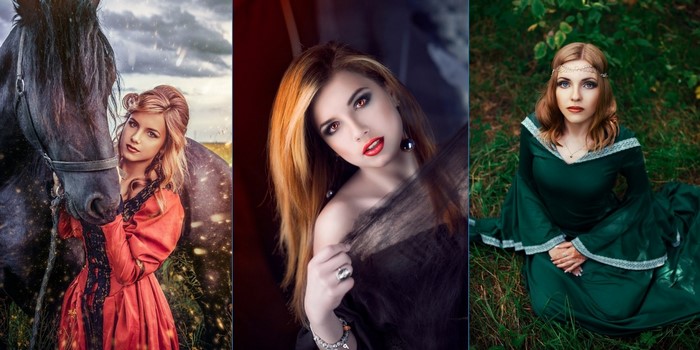 Collage of three women in fantasy costumes