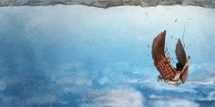 Icarus falling from the sky with broken wings