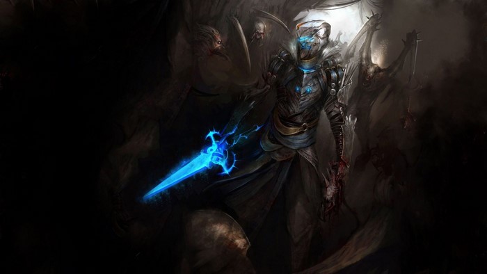 Isaac Clarke from Dead Space with glowing sword and demons