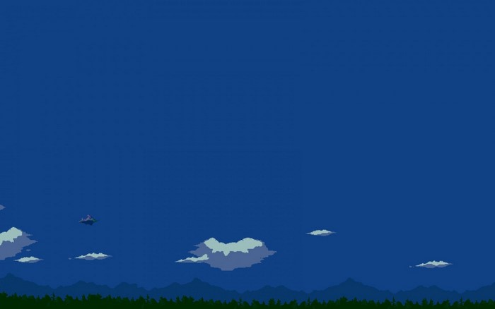 Pixel art landscape with mountains and clouds