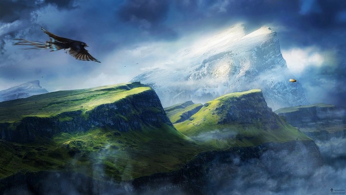 Bird flying over green mountains with snow-capped peaks and a Zeppelin