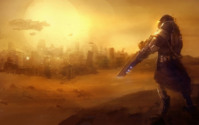 Soldier with rifle overlooking desert city and sun