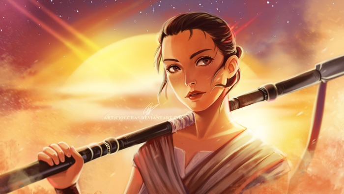 Rey from Star Wars holding a staff