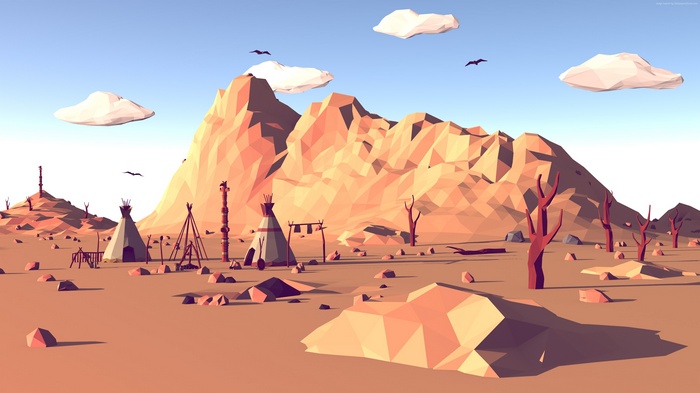 Low poly desert landscape with teepees and mountains