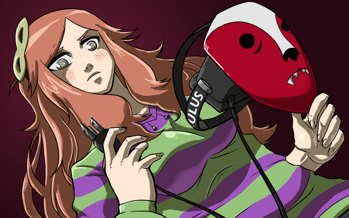 Vivian James holding a VR headset and a plug