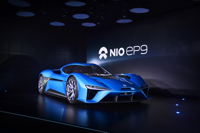 Blue NIO EP9 electric sports car on display