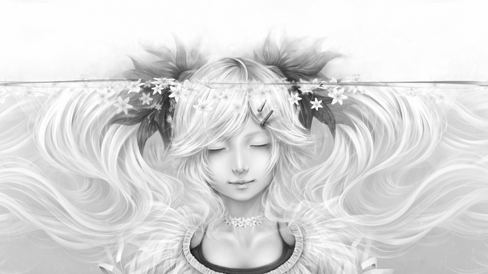 Monochrome illustration of an anime girl with flowers