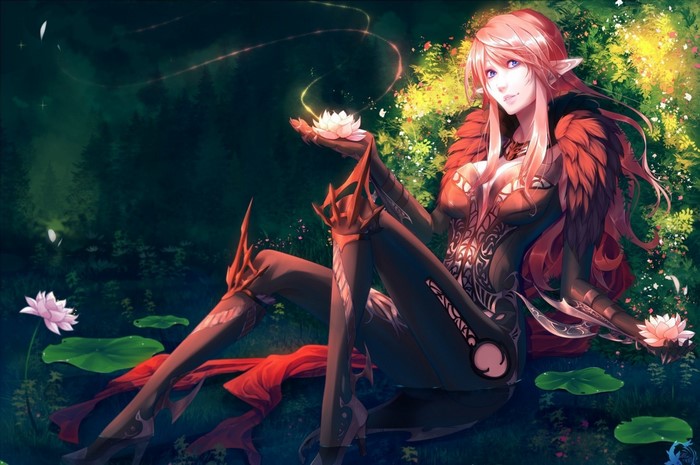 Anime elf girl with pink hair holding a lotus flower