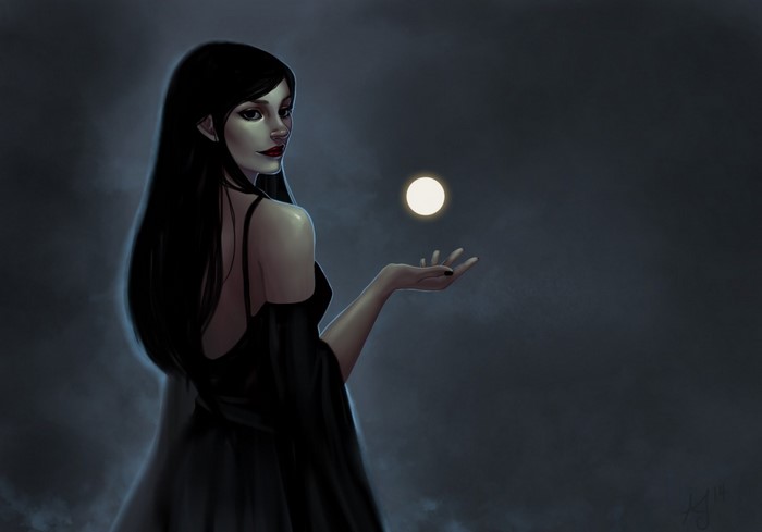 Fantasy art of a woman holding a moon