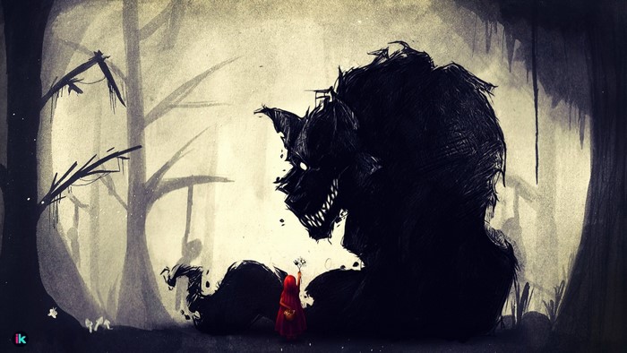 Little Red Riding Hood confronts a shadowy wolf in a dark forest