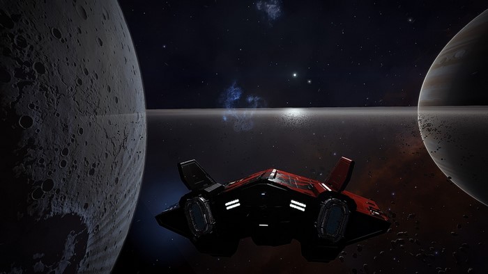 Red spaceship near ringed planets in Elite Dangerous