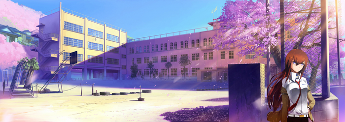 Makise Kurisu from Steins;Gate at a school with cherry blossoms