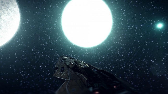 Spaceship in front of a bright star and moon