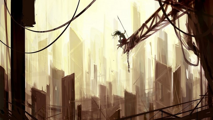 Fantasy art of a person on a crane in a city