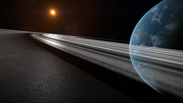 Planet with rings and a star in Elite Dangerous