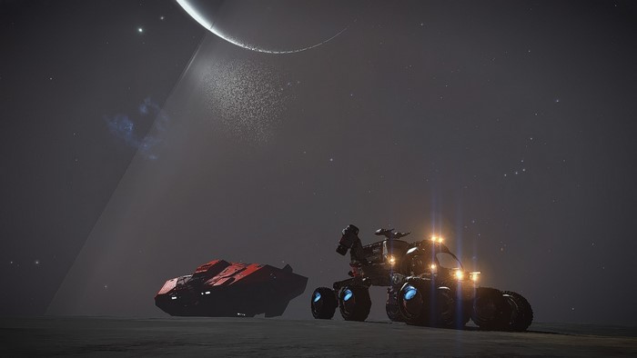 Elite Dangerous screenshot of a rover and ship on a planet