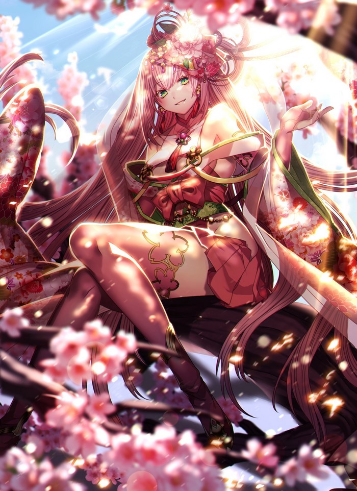 Anime girl with pink hair and flowers in cherry blossom tree