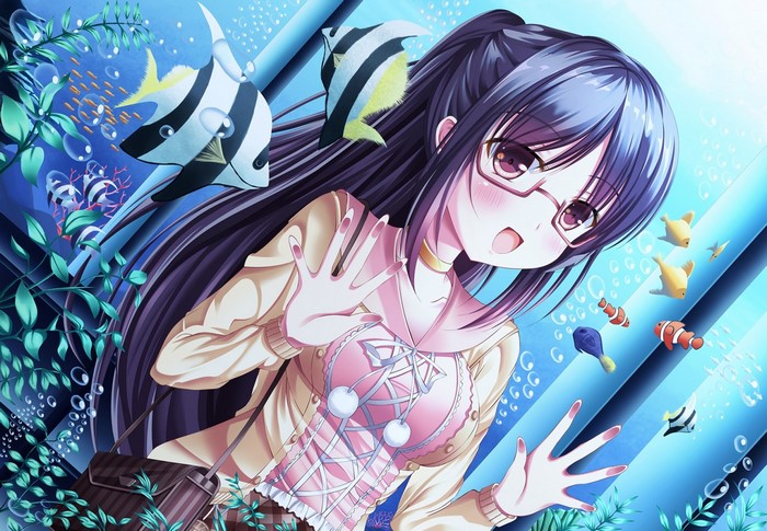 Anime girl with glasses at aquarium