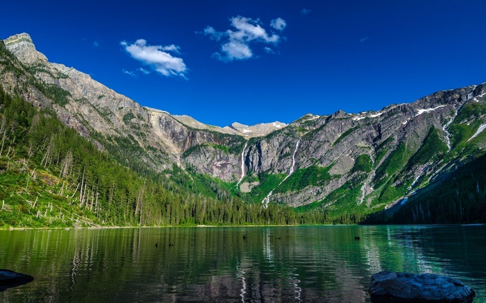 Lake McDonald with mountains and waterfalls