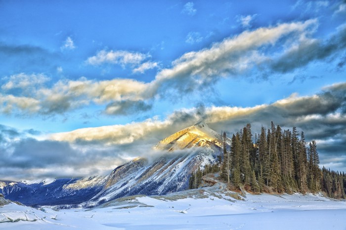 Snowy mountain landscape with clouds and pine trees
