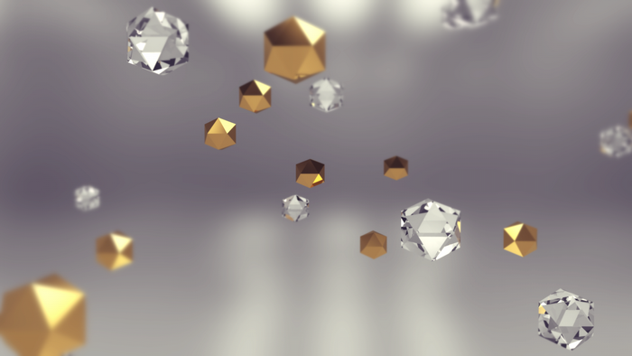 Gold and diamond icosahedrons floating in light