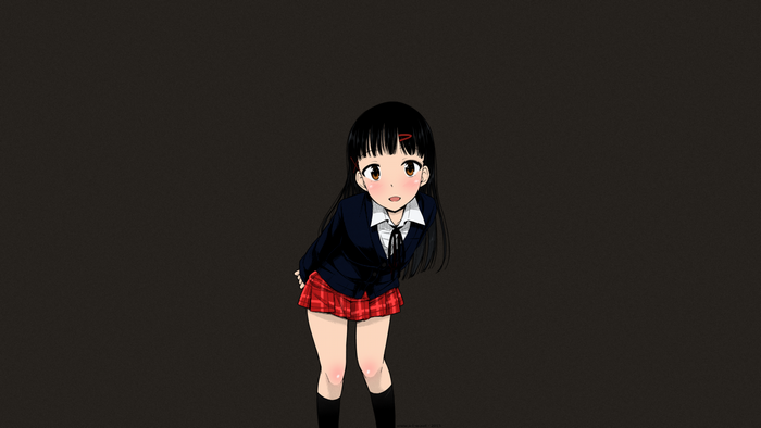 Anime schoolgirl with black hair and red skirt