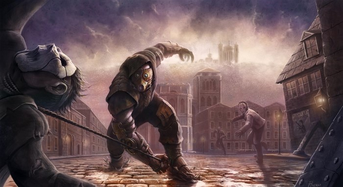 Steampunk warrior in a city street