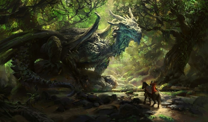 Dragon in a lush forest with a knight on horseback