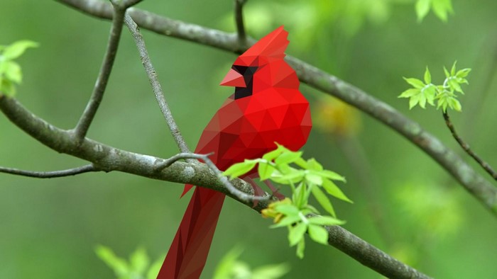 Low poly red cardinal perched on a branch