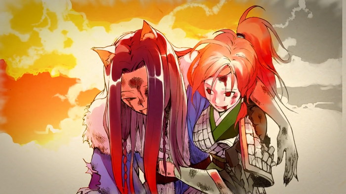Two injured characters with animal ears in front of a sunset