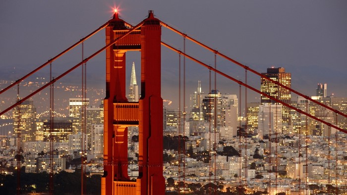 Golden Gate Bridge and San Francisco Skyline at Night