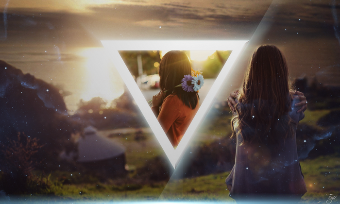 Women holding flowers with geometric overlay