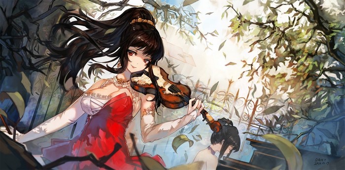 Anime girl in red dress playing violin outdoors