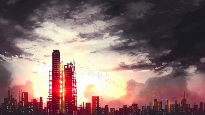 Dark City Skyline at Dusk with Stormy Clouds