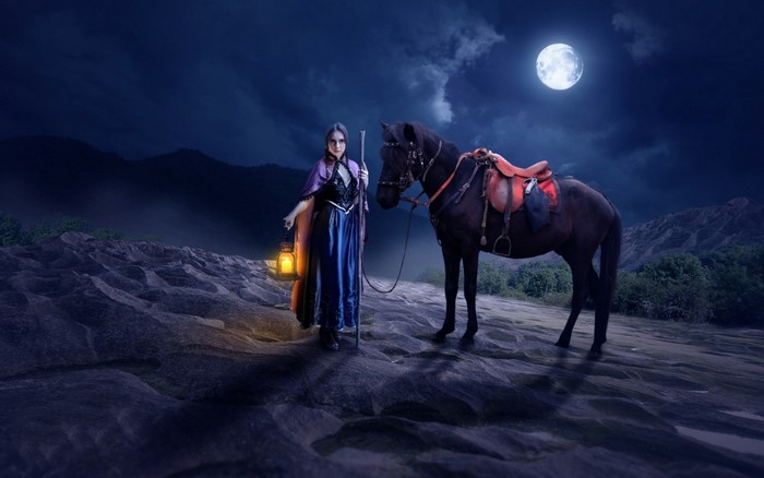 Woman with lantern and horse under the moon