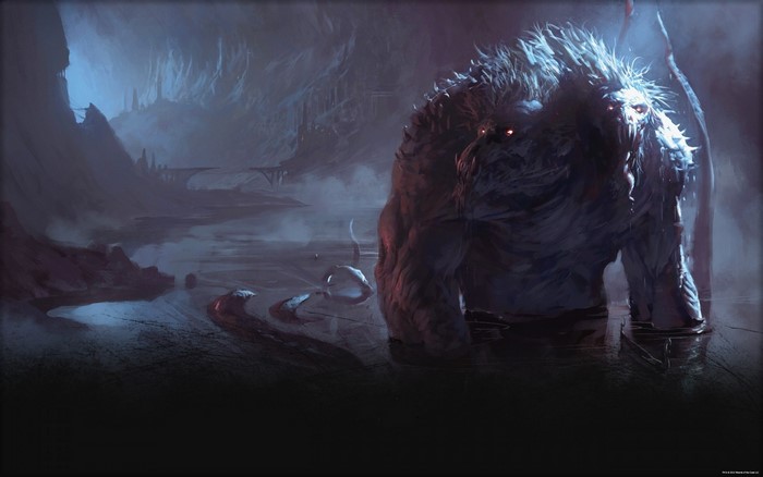 Monster in a dark cave with a river