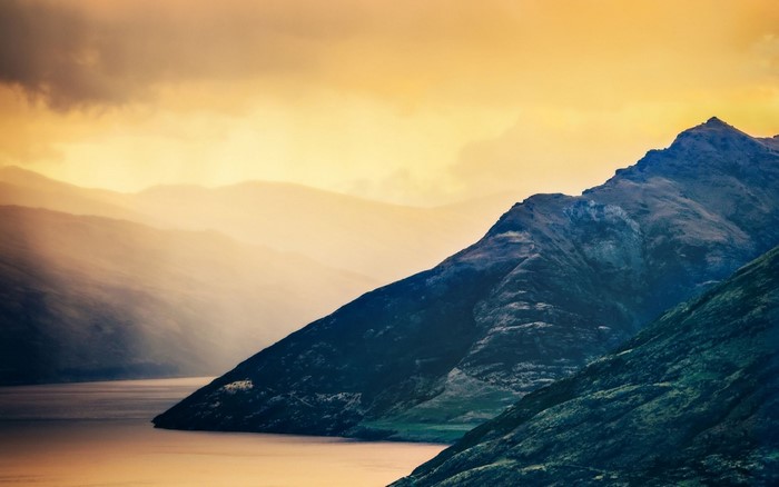Mountains and lake at sunset