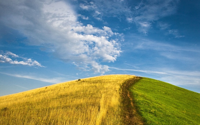 Rolling hills with a path under a blue sky