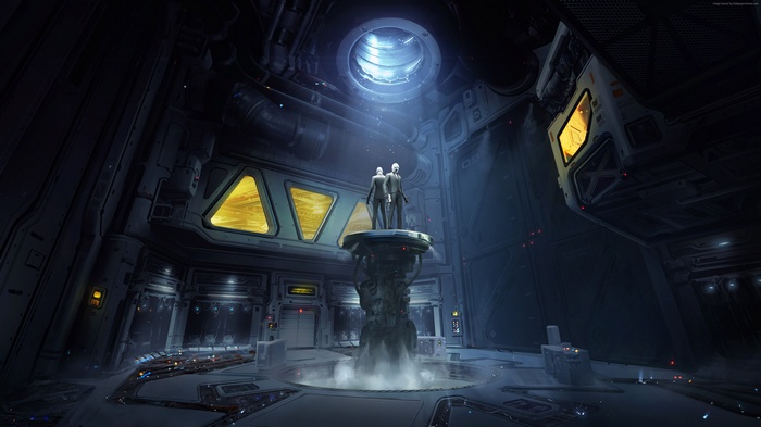 Two robots in a futuristic industrial room