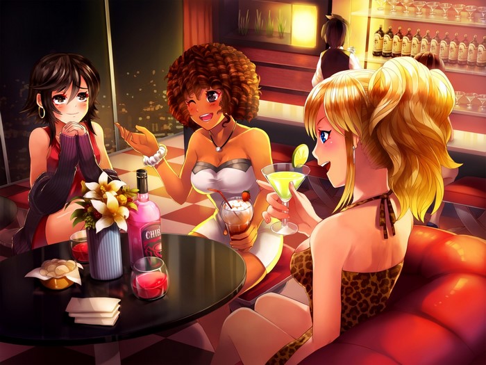 Yumi Aiko, Lola Rembrite, and Jessie Maye from Huniepop at a bar