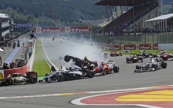 Formula 1 cars in a major crash on a race track