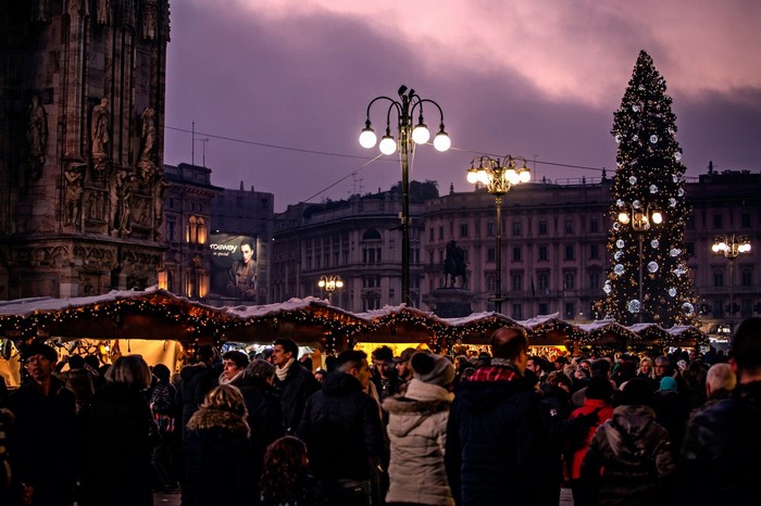 Christmas market in Milan, Italy at dusk