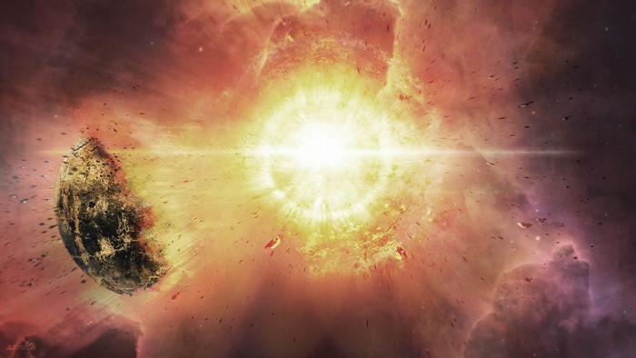 Planet exploding in a bright nebula