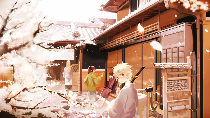 Anime characters in traditional Japanese courtyard with cherry blossoms