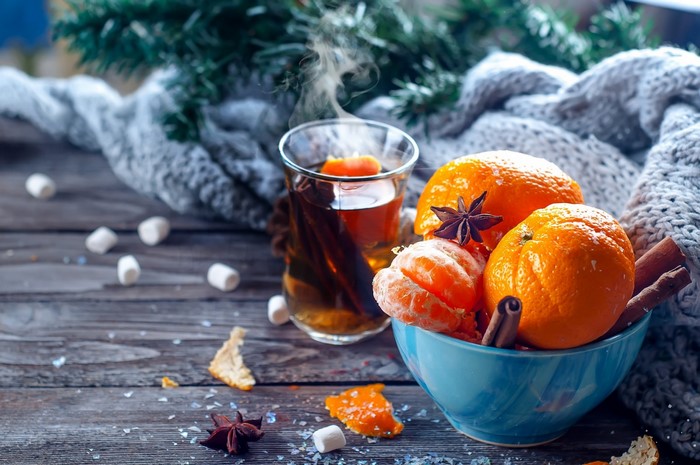 Hot drink with oranges, cinnamon, and star anise