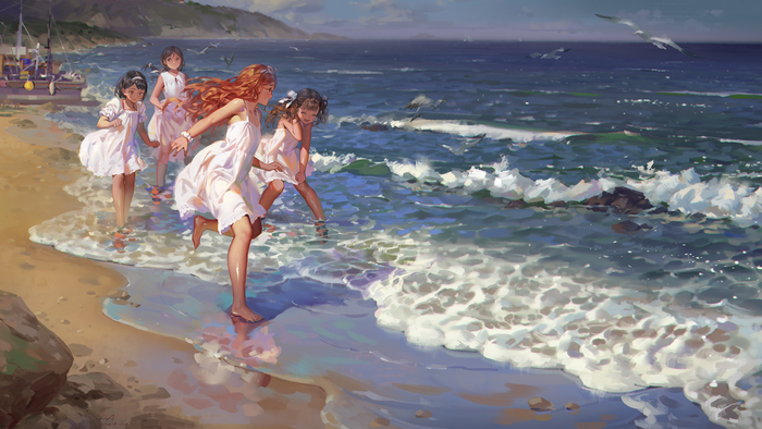 Girls in white dresses playing on a sunny beach by the sea