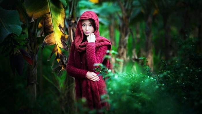 Woman in Red Hooded Sweater in Lush Forest