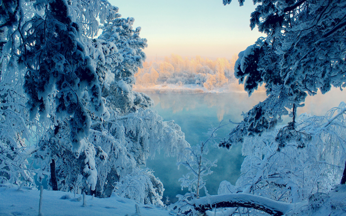 Snow-covered trees framing a misty river at sunrise