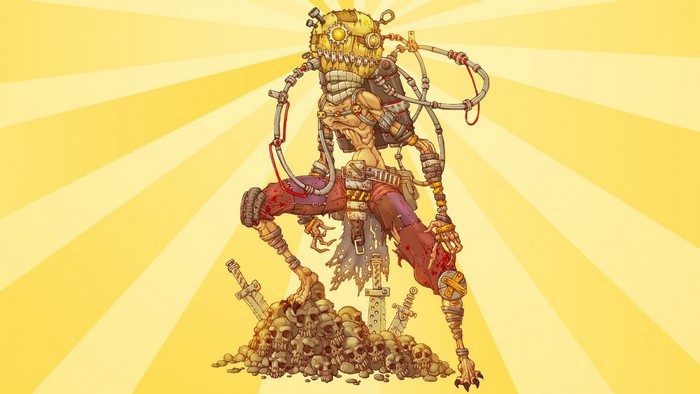 Steampunk creature standing on pile of skulls